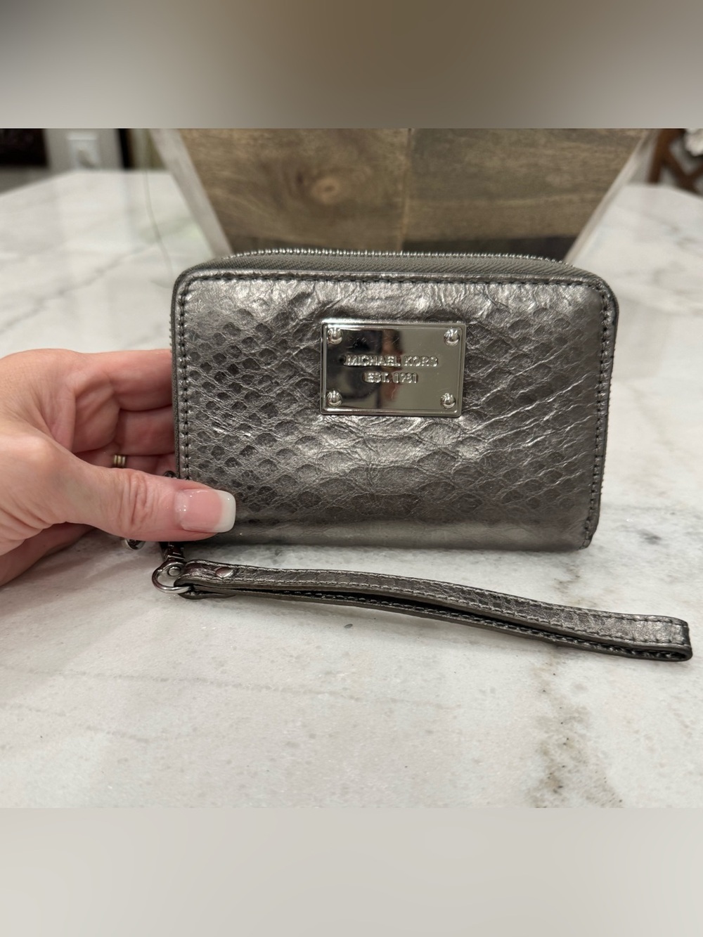 Michael Kors Metallic Pewter Zip Wristlet